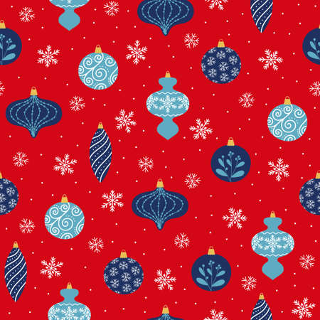 Seamless pattern of blue Christmas decoration and snowflakes on red background. Christmas tree decoration in different shapes.のイラスト素材