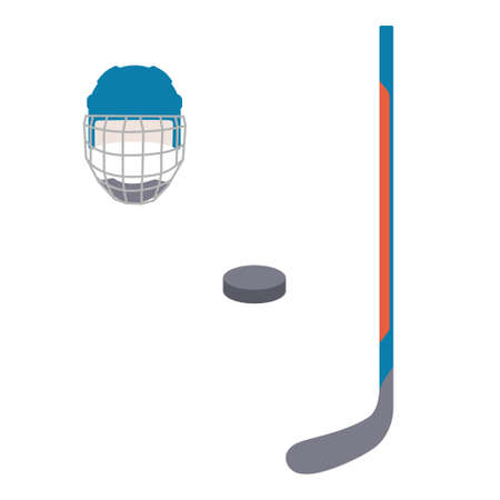 Equipment for hockey sport game. Colorful hockey sticks, puck and helmet. Icon flat design.のイラスト素材