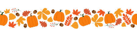 Autumn horizontal seamless pattern. Seamless border with pumpkins, autumn leaves and berries.のイラスト素材