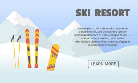 Ski resort landing page template. Winter activities banner design. Winter mountain landscape with ski, ski sticks and snowboard.のイラスト素材