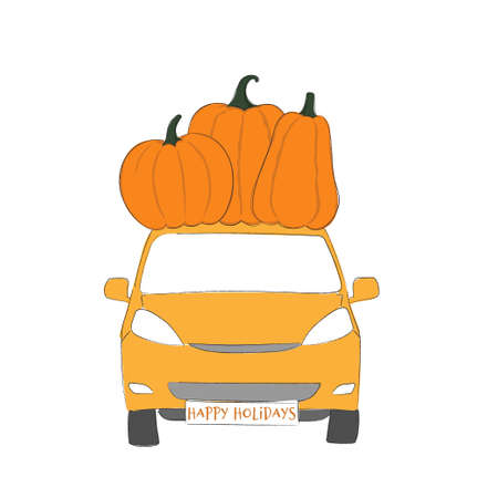 Yellow car with pumpkins on top. Front view. Line art. Flat design.のイラスト素材