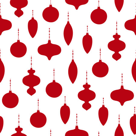 Seamless pattern of red Christmas decoration on white background. Christmas tree decoration in different shapes.のイラスト素材