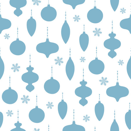 Seamless pattern of blue Christmas decoration on white background. Christmas tree decoration in different shapes.のイラスト素材