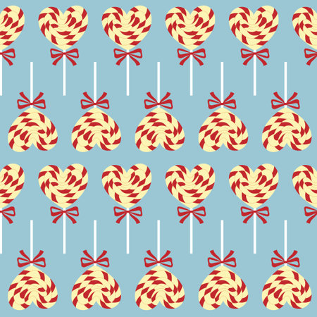 Seamless pattern of colorful heart shaped lollipop with pink bow on blue background. Background for Valentine holiday design, birthday party, invitation.のイラスト素材
