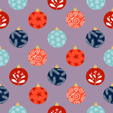 Seamless pattern of colorful decorated Christmas balls on violet background. Background for winter festive design.のイラスト素材