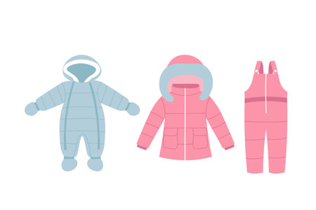 Pink winter coat and overalls for children. Blue baby snow suit. Warm clothes elements. Doodle style. Isolated vector illustration.のイラスト素材