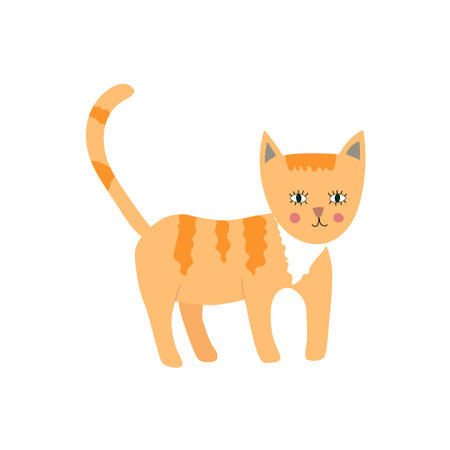 Cute cat stands on four legs. Funny domestic animal. Childish vector illustration in flat style.のイラスト素材