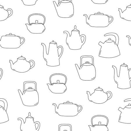 Seamless pattern of line art teapot. Black objects on white background. Kitchen utensil. Doodle style.のイラスト素材