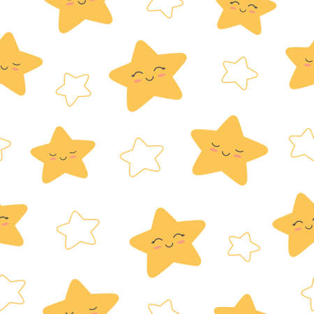 Seamless pattern of yellow smiling stars on white background. Background for baby design. Vector illustrationのイラスト素材