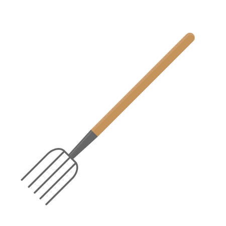 Cartoon pitchfork with wooden handle. Gardening tool for harvesting hay. Isolated vector illustrationのイラスト素材