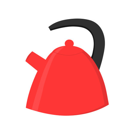 Metallic red kettle. Kitchen utensil. Doodle flat style. Isolated vector illustrationのイラスト素材