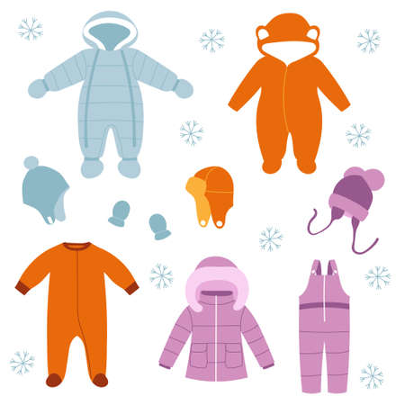 Set of colorful baby winter clothes. Winter coat, overalls, snow suit, jumpsuit, hats and mittens. Doodle style. Isolated vector illustration.のイラスト素材