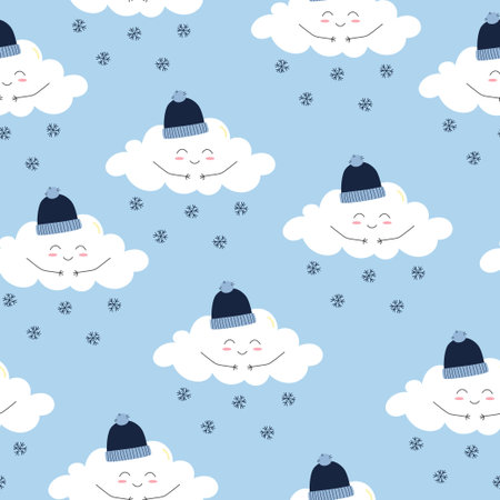 Seamless pattern of white smiling clouds in hat and snowflakes on blue background. Cartoon character...