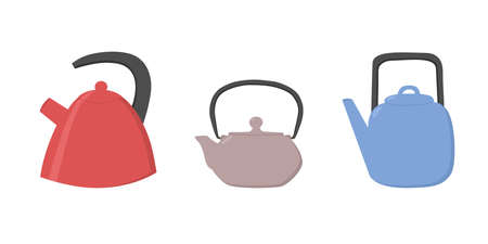 Set of colorful kettles and teapot. Kitchen utensil. Doodle flat style. Isolated vector illustrationのイラスト素材