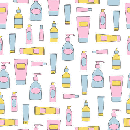 Colorful doodle bottles and tubes on white background. Cosmetic products seamless pattern. Skincare products. Vector illustrationのイラスト素材