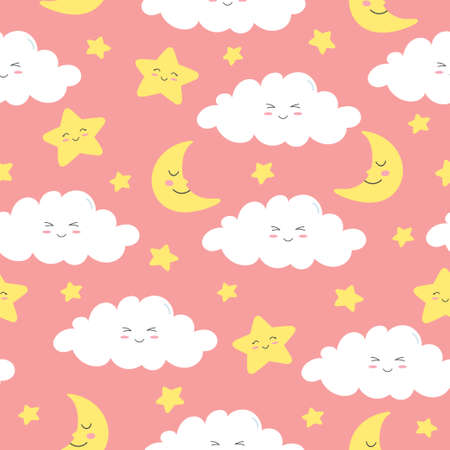 Seamless pattern of colorful smiling clouds, moon and stars on pink background. Cartoon character in flat style. Vector illustrationのイラスト素材