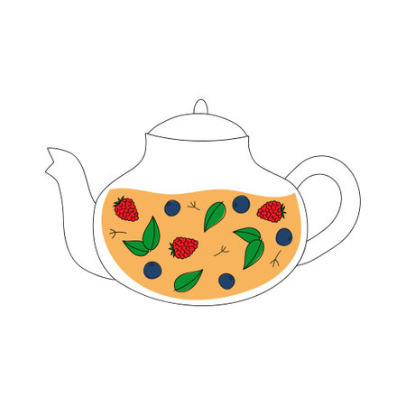 Line art teapot. Tea with berries and leaves. Colorful fruit tea. Kitchen utensil. Doodle flat style. Isolated vector illustrationのイラスト素材