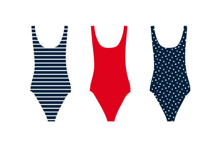 One piece swimsuits. Red, blue striped and blue with white polka dot print swimsuits. Clothing for swimming. Isolated vector illustrationのイラスト素材