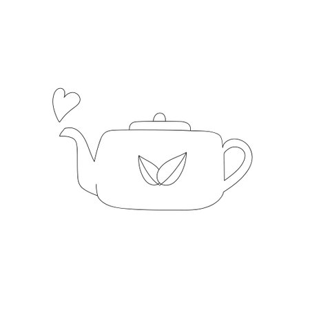 Line art doodle teapot with leaves. Hot steam in heart shape. Kitchen utensil. Isolated vector illustrationのイラスト素材