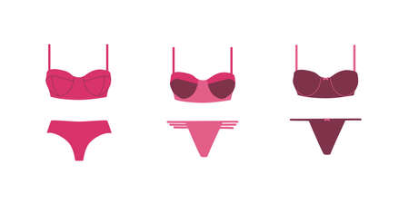 Collection of colorful lingerie. Female underwear, lingerie set. Panties, bikinis and bras. Isolated vector illustrationのイラスト素材