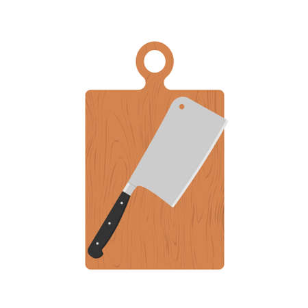 Butcher knife with black handle on kitchen cutting board. Kitchen cleaver knife for meat. Flat style. Isolated vector illustrationのイラスト素材