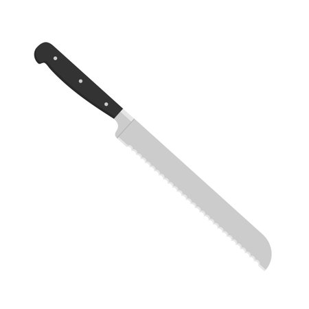 Kitchen knife with black handle. Bread knife in flat style. Isolated vector illustration