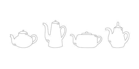 Set of line art teapots. Kitchen utensil. Doodle flat style. Isolated vector illustrationのイラスト素材