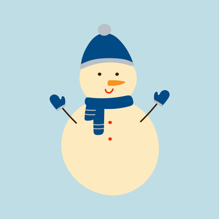 Cute hand drawn snowman wearing blue hat, scarf and mittens. Christmas winter design element in doodle style. Isolated vector illustrationのイラスト素材
