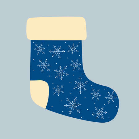 Blue christmas sock decorated with snowflakes. Christmas winter design element in doodle style. Isolated vector illustrationのイラスト素材