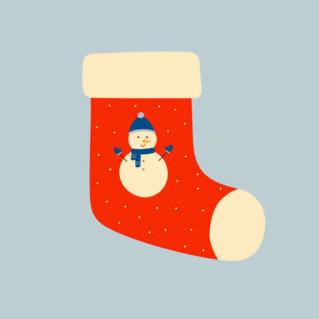 Red christmas sock with snowman. Christmas winter design element in doodle style. Isolated vector illustrationのイラスト素材