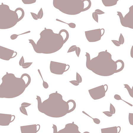 Seamless pattern of purple teapots, cups, spoons and leaves on white background. Kitchen utensil background. Vector illustrationのイラスト素材
