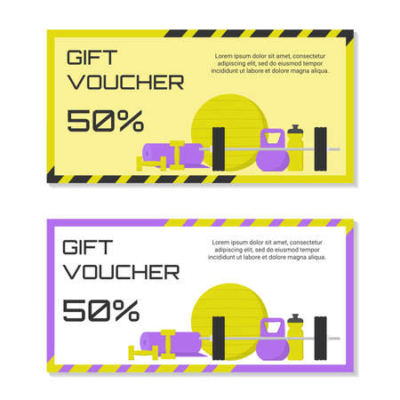 Fitness gym horizontal banner template. Gift voucher. Fitness equipment in flat style. Vector illustrationのイラスト素材