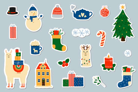 Christmas stickers, pins, patches collection. Cute winter elements. Isolated vector illustrationのイラスト素材