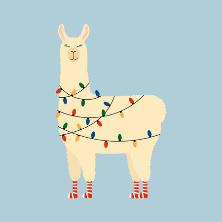 Cute llama in socks with Christmas lights. Funny character on blue background. Concept for winter and Christmas design. Vector illustrationのイラスト素材