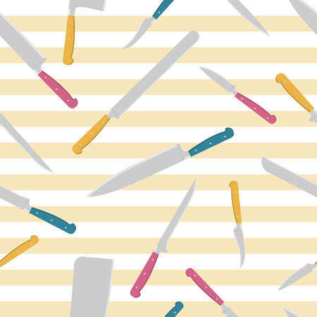 Seamless pattern of kitchen knives with colorful handles. Kitchen utensil background. Vector illustrationのイラスト素材