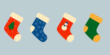 Set of colorful christmas socks. Christmas winter design element in doodle style.のイラスト素材