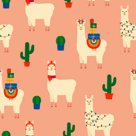 Christmas seamless pattern with cute llama, alpaca and cactuses on pink background.のイラスト素材