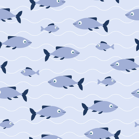 Seamless pattern of blue fishes and waves on blue background. Good for textile, paper, background, scrapbooking. Vector illustrationのイラスト素材
