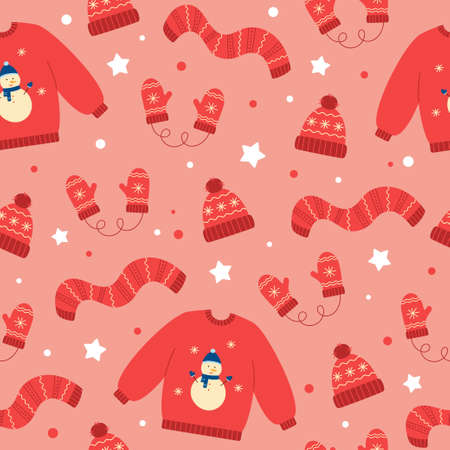 Seamless pattern of red winter hat, mittens, scarf and sweater. Winter elements on pink background. Doodle style. Vector illustrationのイラスト素材