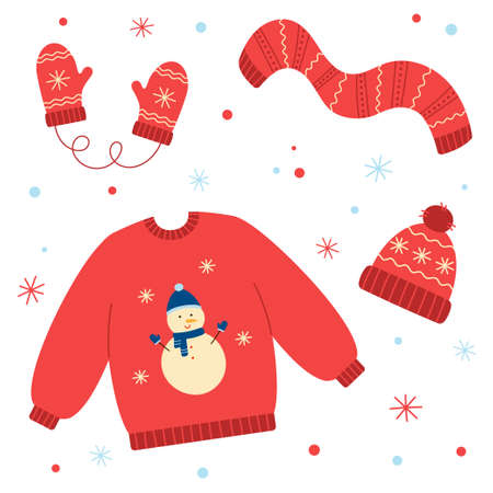 Set of red winter hat, mittens, scarf and sweater. Collection of winter clothes and accessories. Doodle style. Isolated vector illustrationのイラスト素材