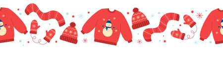 Seamless border of red winter hat, mittens, scarf and sweater. Doodle style. Vector illustrationのイラスト素材