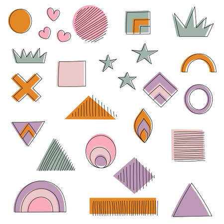Set of hand drawn geometric shapes. Memphis design, retro line art elements. Isolated vector illustration.のイラスト素材