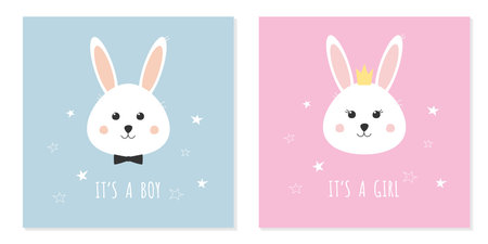 Set of baby shower cards. Baby bunny girl and baby bunny boy. cute rabbit character. vector illustrationのイラスト素材
