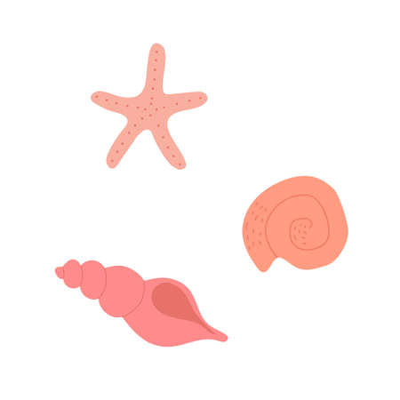 Set of hand drawn pink seashells and starfish. Doodle flat style. isolated vector illustrationのイラスト素材