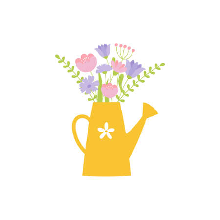Hand drawn flowers bouquet in yellow watering can. Spring flowers in pastel colors. Template for greeting card, invitation, banner, print, postcard. isolated vector illustrationのイラスト素材