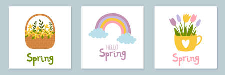 Set of spring mood posters template. Welcome spring season greeting card. Minimalist postcards with cute cartoon elements and lettering. Doodle flat style. vector illustrationのイラスト素材