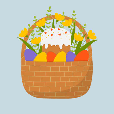 Wicker basket with decorated easter eggs, flowers and easter cake. Template for greeting card, invitation, poster, banner. vector illustrationのイラスト素材