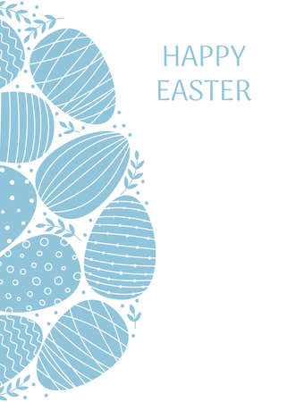 Happy Easter greeting card template. Blue decorated Easter eggs and branches in flat style.のイラスト素材