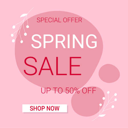 Spring sale square banner template. Discount text on pink abstract shapes and white branchesのイラスト素材