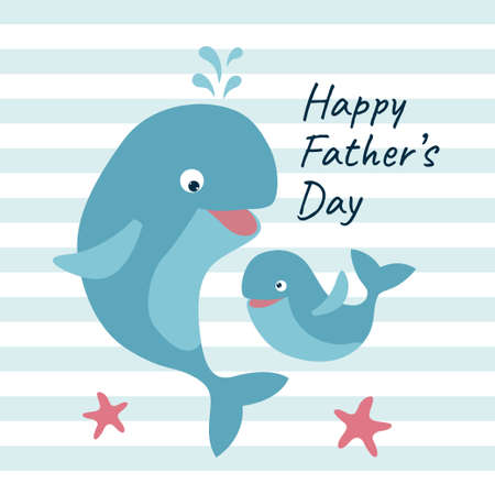 Fathers Day greeting card with cute whales and starfishesのイラスト素材